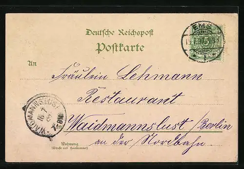 Lithographie Bad Ems, Ortsansicht Lahnaufwärts, Kriegerdenkmal