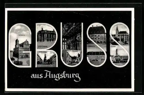 AK Augsburg, Rathaus, Stadthaus, Herkulesbrunnen, St. Ulrich