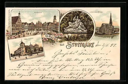 Lithographie Stuttgart, Marktplatz, Altes Schloss, Johannes-Kirche