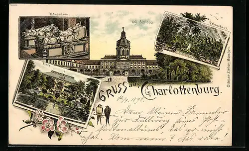 Lithographie Berlin-Charlottenburg, Flora, Mausoleum, Kgl. Schloss, Palmenhaus
