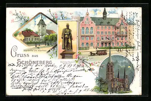 Lithographie Berlin-Schöneberg, Rathaus mit Strassenbahn, Alte Kirche und Pfarrhaus, Kaiserdenkmal