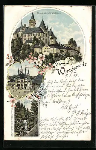 Lithographie Wernigerode, Schloss von der Westseite, Rathhaus, Renne