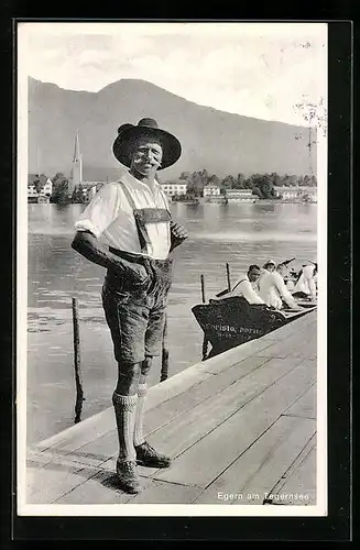 AK Egern am Tegernsee, Ortsansicht, Mann in Tracht