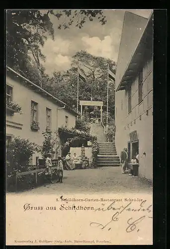 AK Berlin-Grunewald, Partie am Gasthaus Schildhorn, I. Schildhorn-Garten-Restaurant Schröder