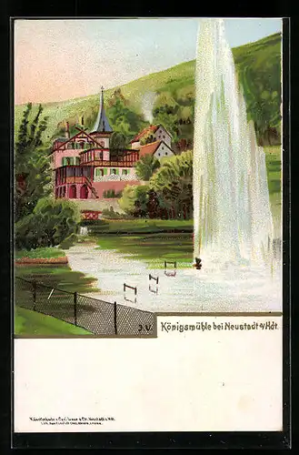 Lithographie Königsmühle b. Neustadt a. Hdt., Springbrunnen