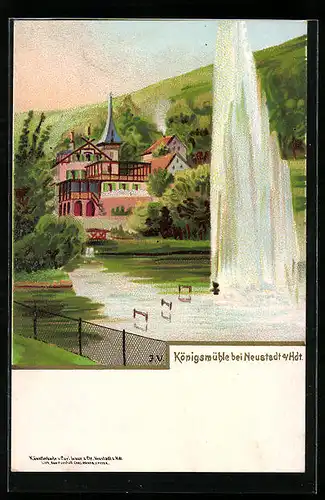 Lithographie Königsmühle b. Neustadt a. Hdt., Springbrunnen