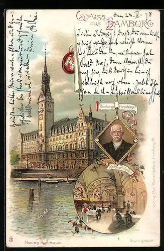 Lithographie Hamburg, Neues Rathaus, Gasthaus Rathsweinkeller