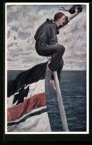 AK Marienesoldat in Uniform sitzt auf Fahnenmast