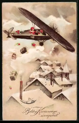 Künstler-AK Kinder-Geschenke-Bomber, Flugzeug