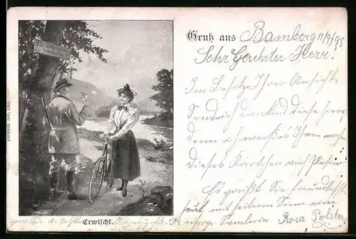 Künstler-AK Erwischt, Radlerin vom Jäger an das Verbotsschild erinnert