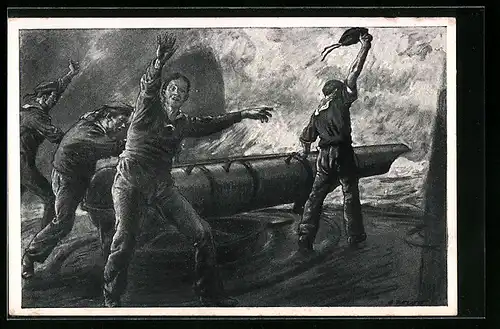 Künstler-AK Matrosen am Lancierrohr eines Kriegsschiffes