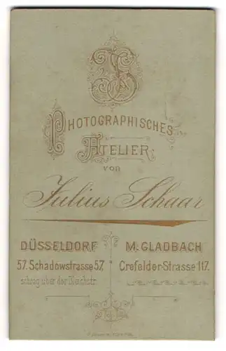 Fotografie Julius Schaar, Düsseldorf, Schadowstr. 57, Monogramm des Fotografen über der Anschrift des Ateliers