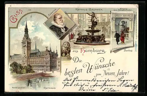 Lithographie Hamburg, Einweihung des neuen Rathauses, Eingang zum Gasthaus Ratsweinkeller mit Bacchus, Senator