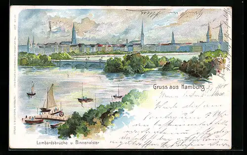 Lithographie Hamburg-Neustadt, Lombardsbrücke und Binnenalster