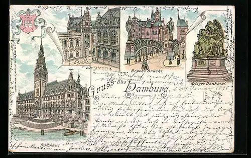 Lithographie Hamburg, Rathaus, Ehrenhof, Krieger Denkmal