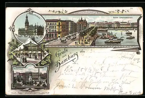 Lithographie Hamburg, Restaurant Alsterpavillon, Kunsthalle, Alter Jungfernstieg