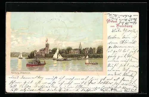 Lithographie Hamburg, Uhlenhorst, Bootspartie