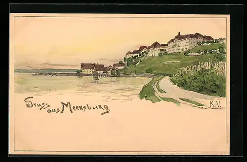 Lithographie Meersburg, Ortsansicht mit Bodensee