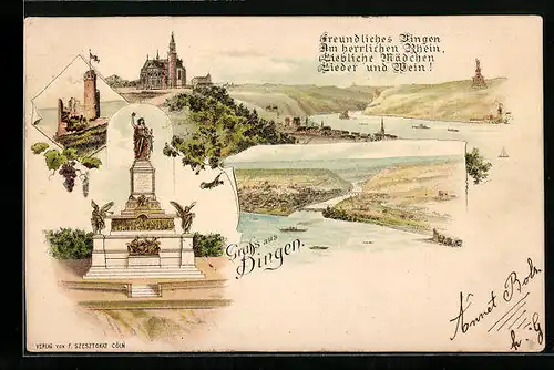 Lithographie Bingen, Ortsansicht mit Burg und Hafenpartie