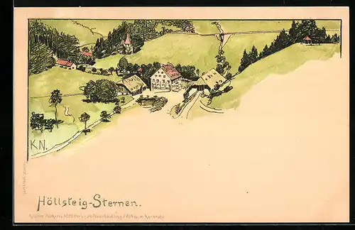 Lithographie Höllsteig, Gasthaus Sternen aus der Vogelschau