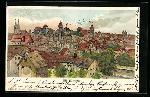 Lithographie Nürnberg, Altstadt aus der Vogelschau mit Glitzer-Perlen