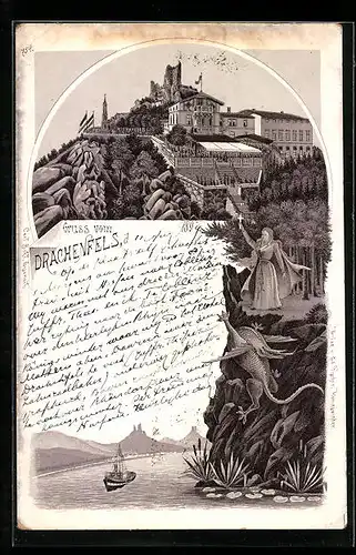 Lithographie Drachenfels, Drachensturz vor Burgruine und Gasthof, mit Rhein und Fernblick