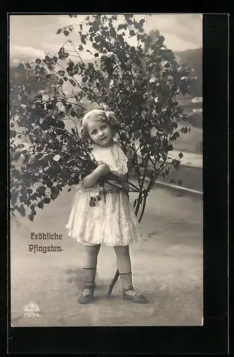 Foto-AK R & K / L Nr. 5313/4: Mädchen mit Birkenzweigen, Pfingstgruss