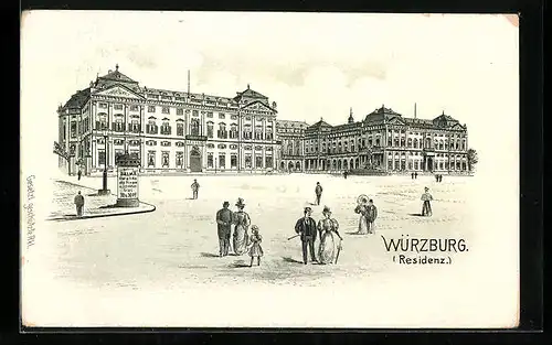 Lithographie Würzburg, Residenz mit Vorplatz und Passanten