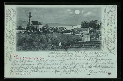 Mondschein-AK Starnberg, Ortsansicht mit Kirche