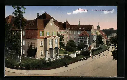 AK Freiberg, Strassenpartie mit St. Johannis-Hospital aus der Vogelschau