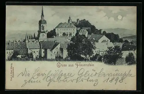 Mondschein-AK Frauenstein, Teilansicht aus der Vogelschau