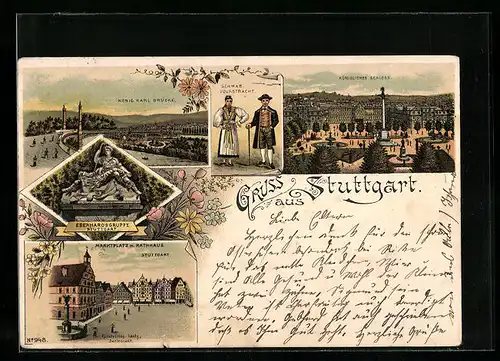 Lithographie Stuttgart, König Karl Brücke, Königliches Schloss, Schwäb. Volkstracht