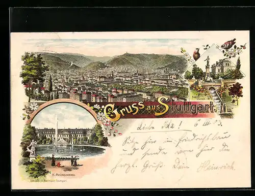 Lithographie Stuttgart, Eugensbrunnen, K. Residenzschloss