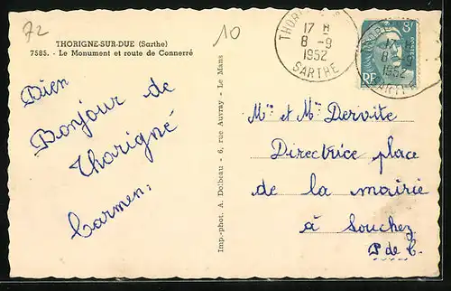 AK Thorigne-sur-Due, Le Monument et Route de Connerré