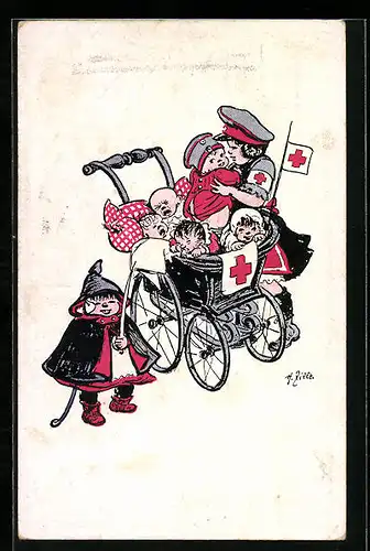 Künstler-AK Heinrich Zille: Kleine Rot-Kreuz-Schwester kümmert sich um ihre Patienten