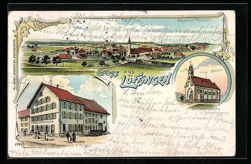 Lithographie Löffingen, Gesamtansicht, Wallfahrtskirche z. Schneekreuz, Warenhaus z. Kasten