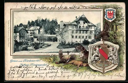 Passepartout-Lithographie Friedenweiler, Blick zum Kurhaus, Wappen und Jagdhund
