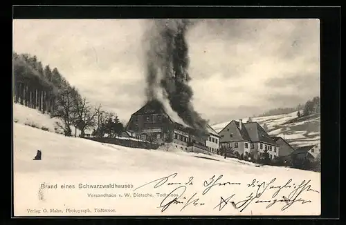 AK Todtmoos, Brand eines Schwarzwaldhauses, Versandhaus v. W. Dietsche
