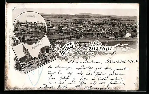 Lithographie Neustadt a. Saale, Salzburg, Marktplatz