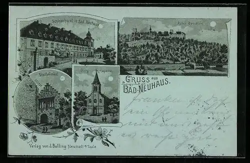 Mondschein-Lithographie Bad-Neuhaus, Burgkapelle, Ruine Salzburg, Schlosshotel