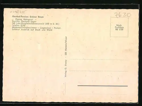 AK Lahr-Burgheim, Gasthof-Pension Grüner Baum, Bes. Gerhard Feger, Innenansicht