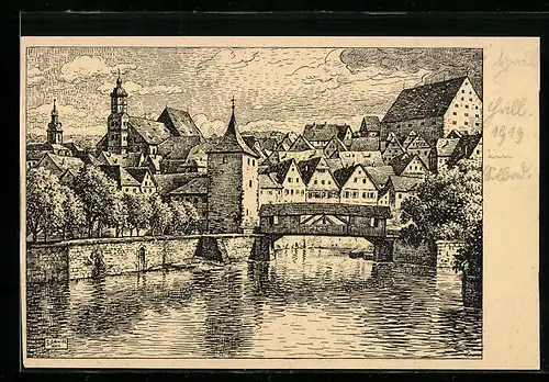 Künstler-AK Schwäb. Hall, Partie am Sulfersteg, gezeichnet 1918