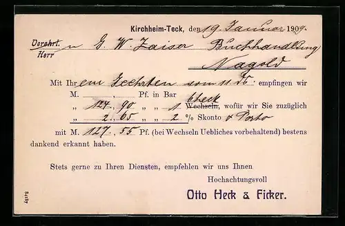AK Kirchheim /Teck, Rechnung der Fa. Otto Heck & Ficker