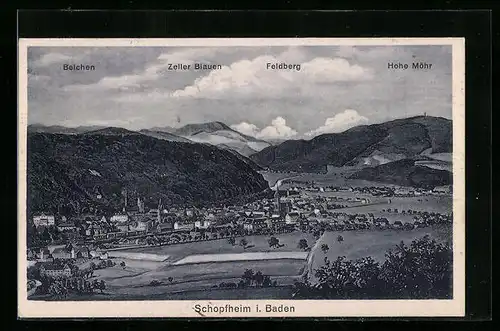AK Schopfheim i. Baden, Ortsansicht aus der Vogelschau mit Feldberg