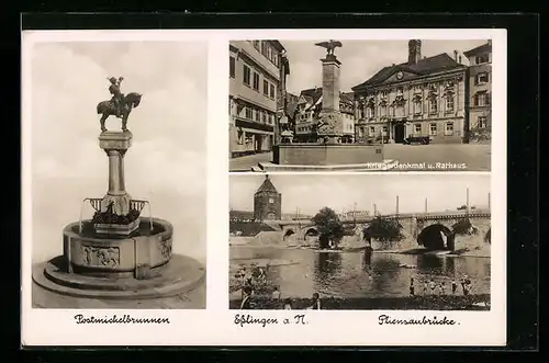 AK Esslingen a. N., Postmichelbrunnen, Kriegerdenkmal u. Rathaus, Pliensaubrücke
