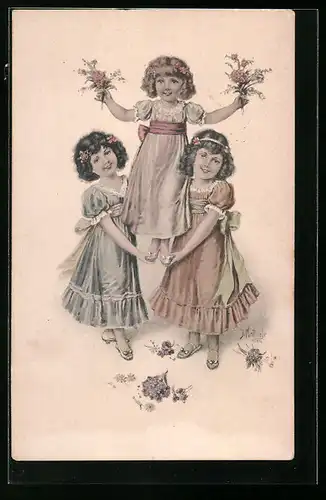 Künstler-AK Brüder Kohn (B.K.W.I) Nr. 644-3: Fröhliche Mädchen mit Blumen