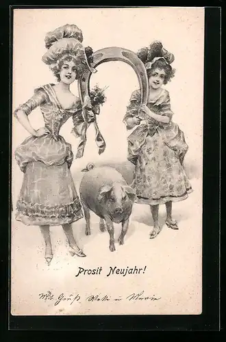 Künstler-AK Brüder Kohn (B.K.W.I) Nr. 2997 /1: Damen mit Hufeisen und Schwein