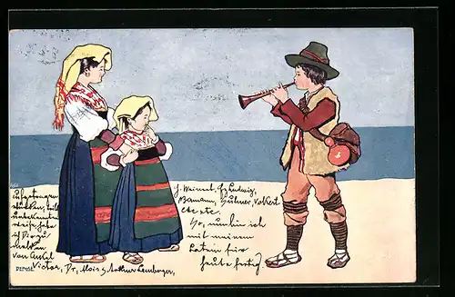 Künstler-AK Brüder Kohn (B.K.W.I) Nr. 602-7: Flötenspieler musiziert für Frau und Tochter