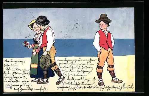 Künstler-AK Brüder Kohn (B.K.W.I) Nr. 602-6: Junge schaut eifersüchtig auf ein Liebespaar