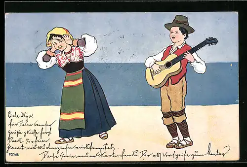 Künstler-AK Brüder Kohn (B.K.W.I) Nr. 602-3: Junge spielt für ein Mädchen auf der Gitarre